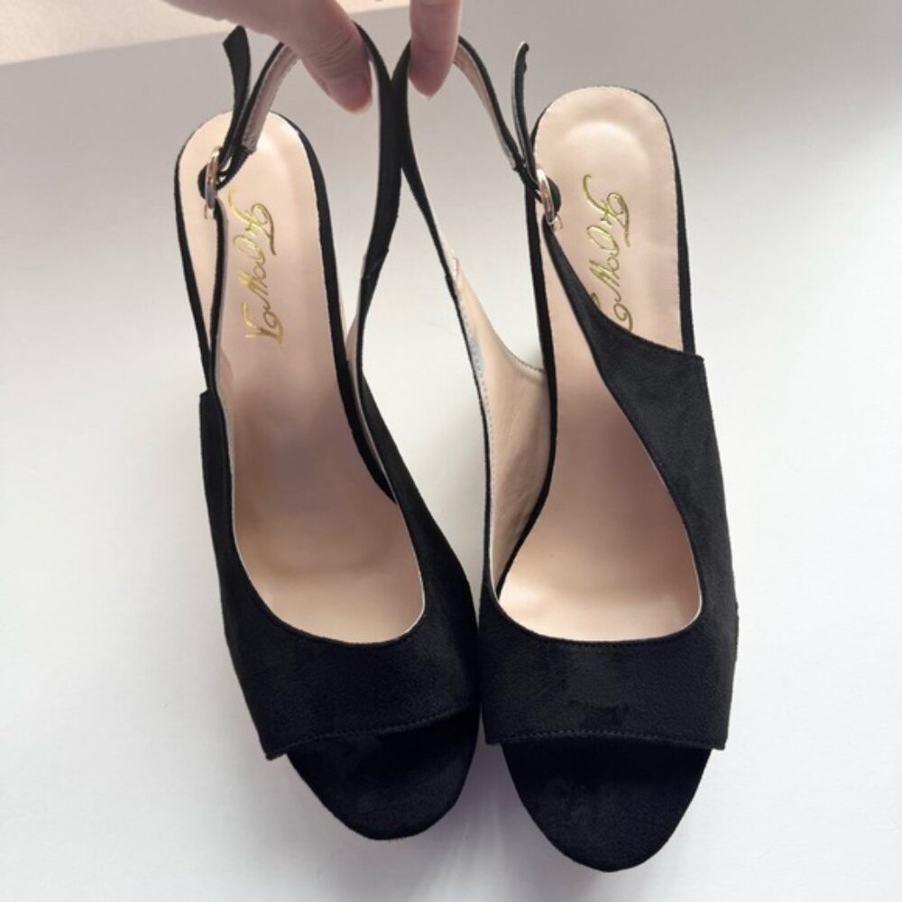 Size 9.5 Black Suede Women Peep Toe Slingback Platform Wedge Sandals High Heel